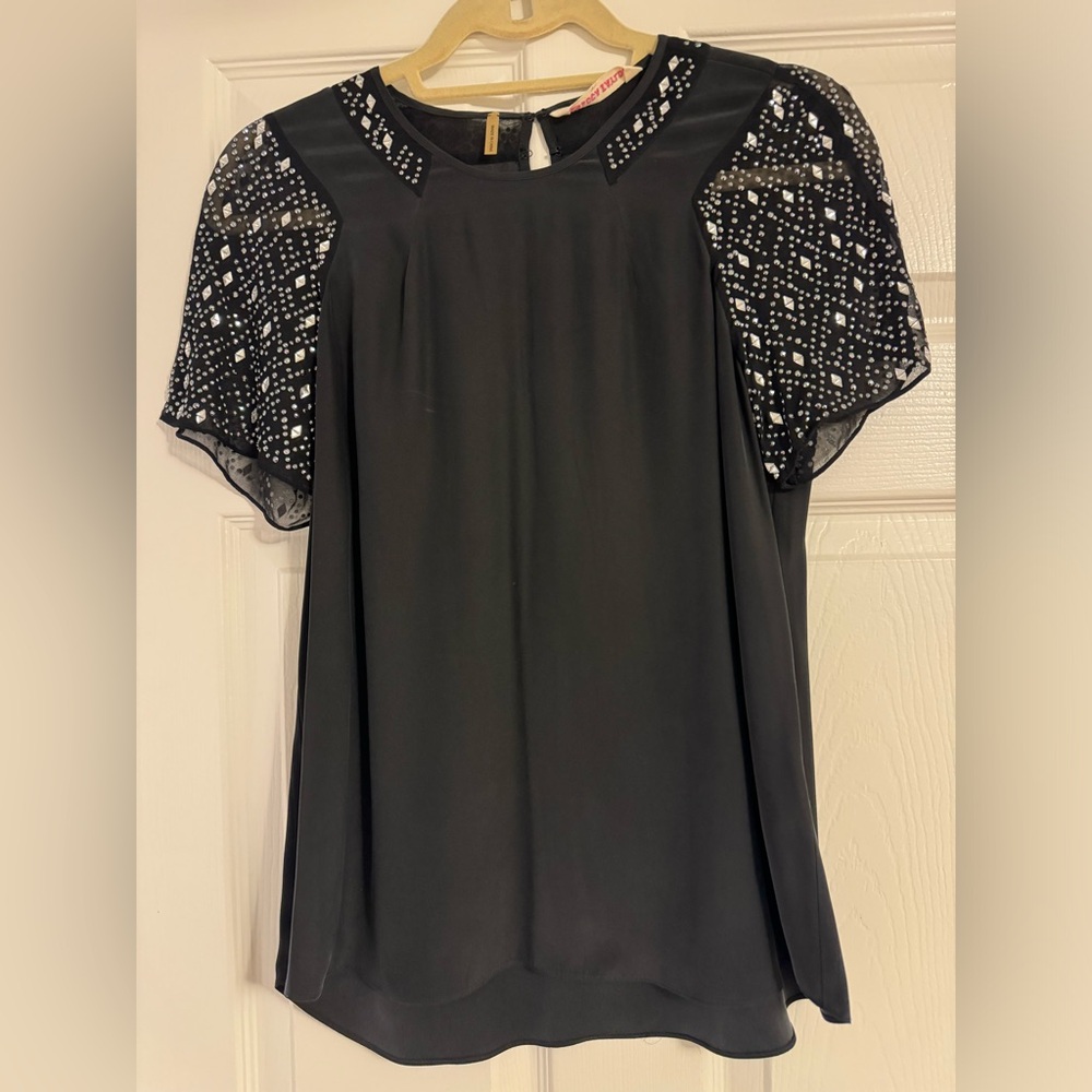 Rebecca Taylor silk black blouse with embellished sleeves
